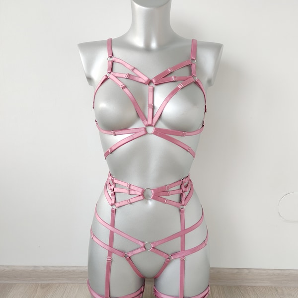 BDSM kit, Body harness set, Open bra, Bondage harness, Open crotch panties, Garter belt harness, BDSM-gear for women, Leather harness set