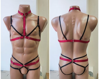 Mens leather lingerie harness men bondages full body, Jockstraps for men pants and leather top, Chest men's harness, Gay harness