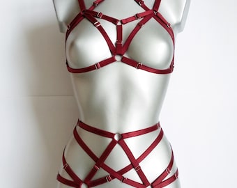 Harness for women full body, Handmade lingerie set Kitana, Choker bralette, Cage bra, Harness panties