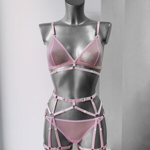 Pink mesh women lingerie set - Ravenna, Sheer see through strappy lingerie, Harness belt, bralette & panties set
