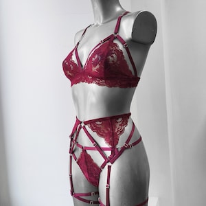 Lace women lingerie set, Sheer beautiful lingerie set, Special lingerie with leg garter belt