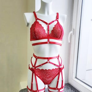 May include: A red lingerie set featuring a lace bralette and matching panties with an intricate system of adjustable satin straps, metal rings, and garter attachments. The design includes a strappy harness style across the chest and thighs.