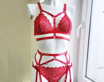 Bestickte rote Dessous-Set, Floral Dessous-Set, Strumpfband, Stickerei Dessous, Floral Spitze Dessous, Floral Bralette, Dessous Blume