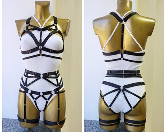 BDSM kit, Body harness set, Open bra, Bondage harness, Open crotch panties, Garter belt harness, BDSM-gear for women, Leather harness set