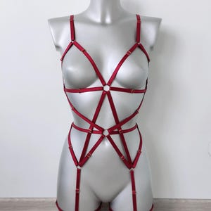 Burgundy harness woman outfit, Chest harness for women, Top harness belt, Harness lingeries, Fullbody harness, Waist belt, Harness bodysuit