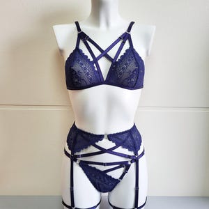 Lace women lingerie set, Sheer beautiful lingerie set, Special lingerie with leg garter belt, Navy blue lingerie set, Strappy lingerie