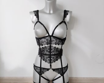 Transparent lingerie for women full set, Handmade lingerie set Rochelle, Open black bodysuit, Playful lingerie set