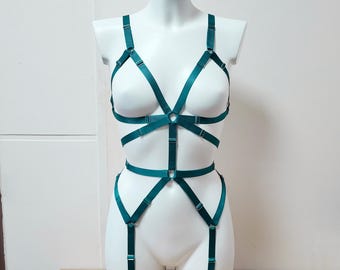 Harness woman outfit, Chest harness for women, Top harness belt, Green harness lingeries, Fullbody harness, Waist belt, Harness bodysuit