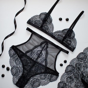 Black lingerie, Transparent lingerie, Floral lingerie set, See thru underwear, Bra and panty set, Lingerie see through, Cute underwear