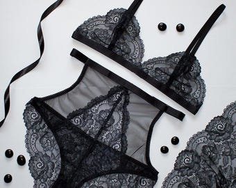 Schwarze Dessous, Transparente Dessous, Floral Dessous-Set, Durchsichtig Unterwäsche, BH und Höschen-Set, Dessous durchsichtig, süße Unterwäsche