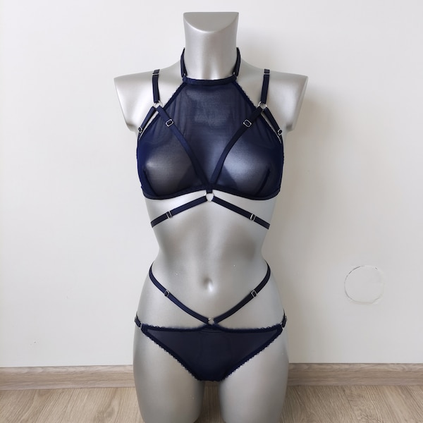 Blue lingerie, Transparent lingerie, Mesh lingerie set, See thru underwear, Bra and panty set, Lingerie see through, Cute underwear