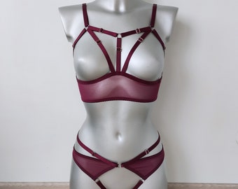 Lingerie see through Frigg, Handmade lingerie set in wine color