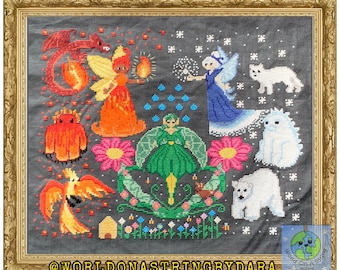 Ice & Fire Sampler | Whimsical, Fantasy Creatures, Ice and Fire, Fantastical, Mystery, Stitch-A-Long