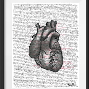 Puede incluir: Una ilustración anatómica de corazón en blanco y negro con texto rojo superpuesto sobre un fondo blanco. El texto es un poema sobre el amor y el dolor.