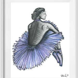 May include: A framed pencil and colored pencil drawing of a ballerina in a blue tutu, seated with her back to the viewer. The ballerina's hair is styled in a bun, and she wears pointe shoes. The artwork is signed "Paul '19".