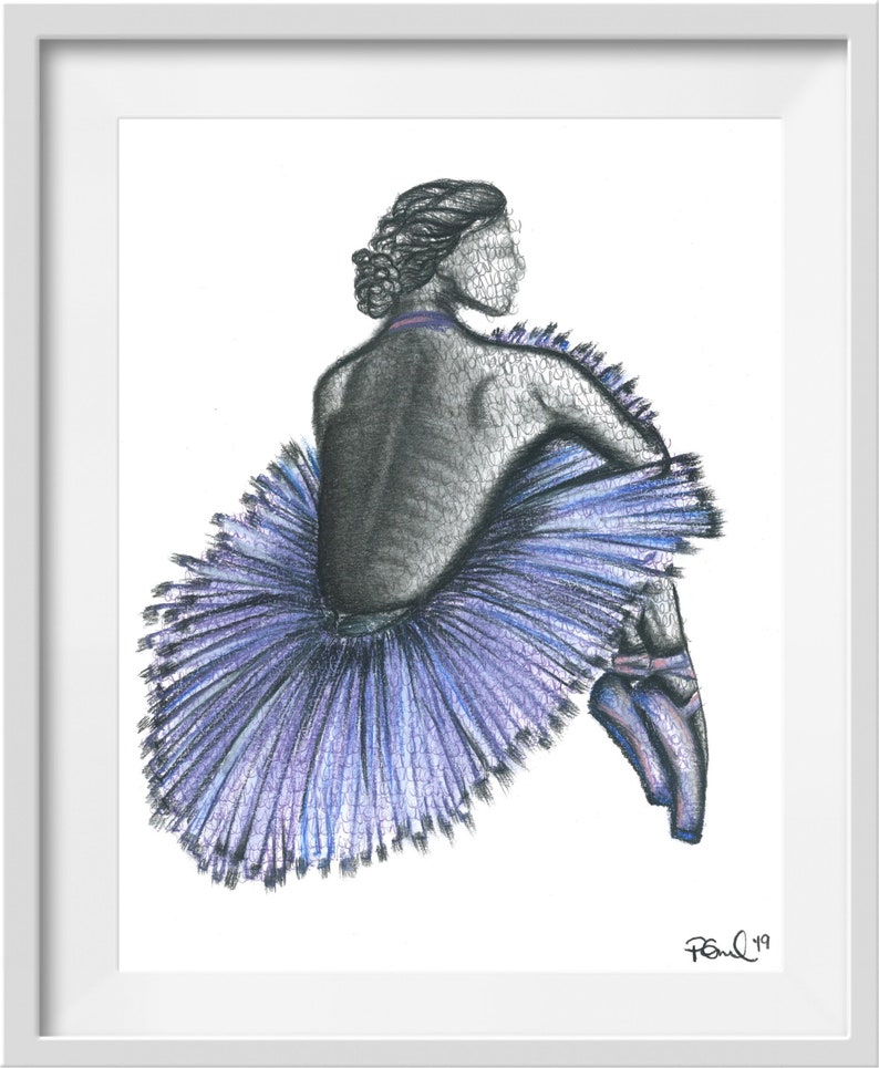 May include: A framed pencil and colored pencil drawing of a ballerina in a blue tutu, seated with her back to the viewer. The ballerina's hair is styled in a bun, and she wears pointe shoes. The artwork is signed "Paul '19".
