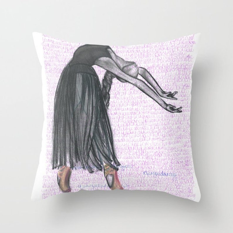 May include: A black and white illustration of a ballerina in a black leotard and tutu, with her arms extended above her head, on a pink background with a pattern of handwritten text.
