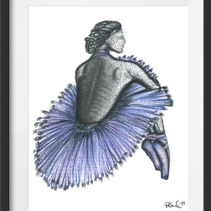May include: A pencil drawing of a ballerina in a purple tutu, seated with her back to the viewer. The artwork is framed in a black frame and signed "Paul '19". The ballerina's hair is styled in a bun.