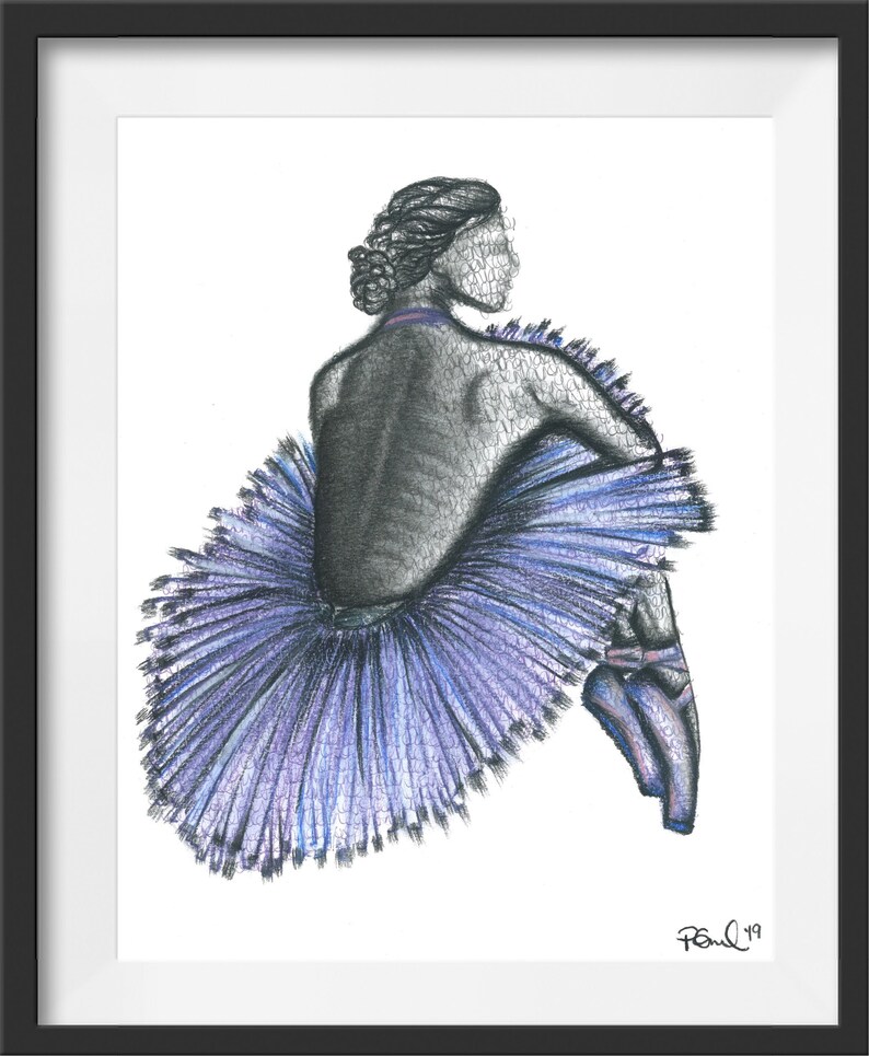May include: A pencil drawing of a ballerina in a purple tutu, seated with her back to the viewer. The artwork is framed in a black frame and signed "Paul '19". The ballerina's hair is styled in a bun.
