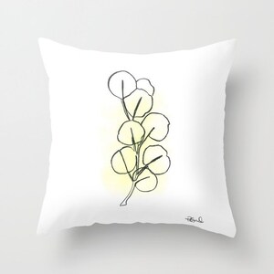 May include: A black and white line drawing of a branch with yellow leaves. The drawing is on a white background.