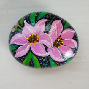 lily flowers  Original hand Painted Rock Stone  Art paperweight gift