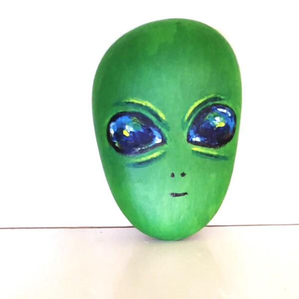 Original hand Painted rock stone Art green alien