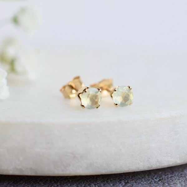 Prehnite Stud Earrings, 4mm Light Green Gemstone Earrings, Prehnite Earrings in 14k Gold Fill