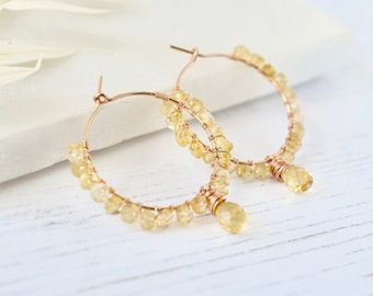 Citrine Hoop Earrings, Yellow Stone Earrings, Boho Citrine Droplet Dangle Hoops, November Birthstone, Graduation Gift