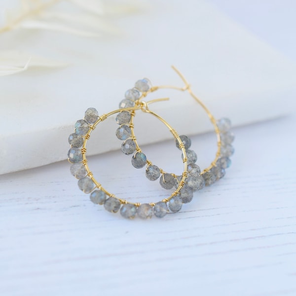 Labradorite Hoop Earrings in Gold, Blue Flash Labradorite Earrings, Wire Wrapped Gemstone Hoops, Birthday Gift