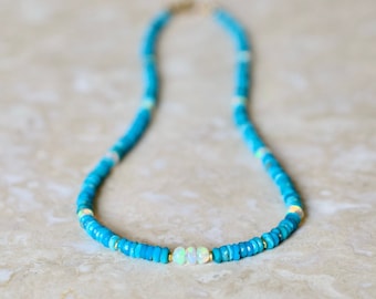 Opal & Turquoise Choker Necklace, Ethiopian Opal Sleeping Beauty Turquoise Layering Necklace, Blue Birthstone Necklace Gift