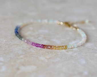 Opal & Sapphire Beaded Bracelet, Colourful Multi Gemstone Stacking Bracelet, Rainbow Precious Stone Jewellery, Birthstone Bracelet Gift