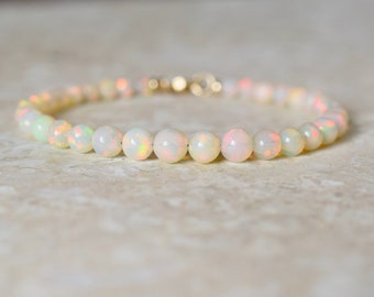 Ethiopian Opal Solid Gold Bracelet, 14k Gold Opal Ball Bracelet, Smooth Opal Stacking Birthstone Bracelet, Precious Stone Jewellery Gift