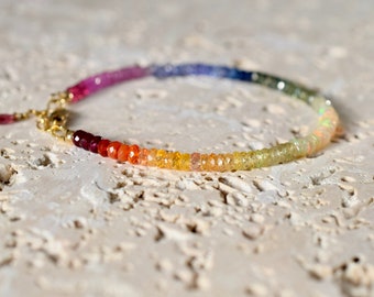 Colourful Gemstone Bracelet, Stacking Bracelet, Opal Sapphire Tanzanite Tourmaline Ombre Rainbow, Multi Stone Jewellery, Gift Her Him