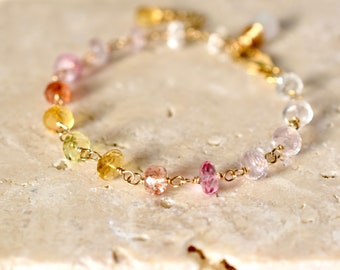 Multi Gemstone Sunset Bracelet, Topaz Citrine Moonstone Rose Quartz Bracelet, 14k Gold Filled Wire Wrapped Bracelet, Christmas Gift