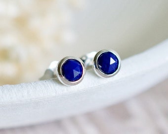 Lapis Lazuli Stud Earrings in Silver, 4mm Faceted Rose Cut Blue Gemstone Earrings, Birthday Gift Her