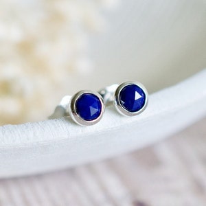 Lapis Lazuli Stud Earrings in Silver, 4mm Faceted Rose Cut Blue Gemstone Earrings, Birthday Gift Her image 1