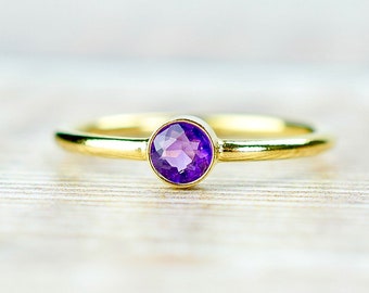 Amethyst Ring, February Birthday Gift, Gold Filled Minimalist Solitaire Ring, 4mm Purple Amethyst Gemstone Ring, Special Day Gift
