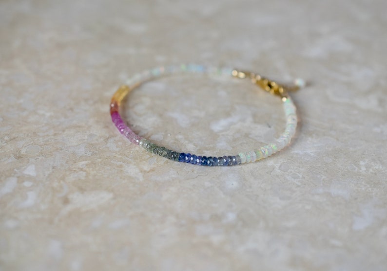 Opal & Sapphire Beaded Bracelet, Colourful Multi Gemstone Stacking Bracelet, Rainbow Precious Stone Jewellery, Birthstone Bracelet Gift image 8