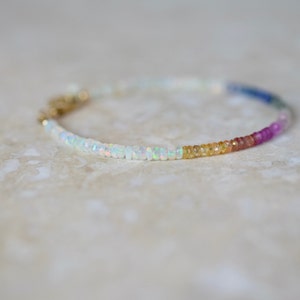 Opal & Sapphire Beaded Bracelet, Colourful Multi Gemstone Stacking Bracelet, Rainbow Precious Stone Jewellery, Birthstone Bracelet Gift image 3