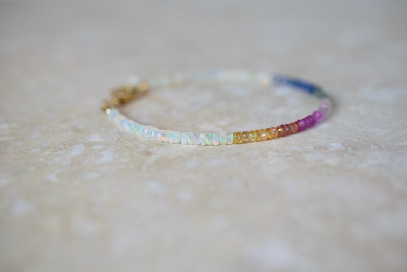 Opal & Sapphire Beaded Bracelet, Colourful Multi Gemstone Stacking Bracelet, Rainbow Precious Stone Jewellery, Birthstone Bracelet Gift image 3