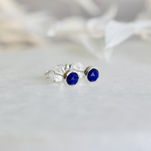 Lapis Lazuli Stud Earrings in Silver, 4mm Faceted Rose Cut Blue Gemstone Earrings, Birthday Gift Her image 3