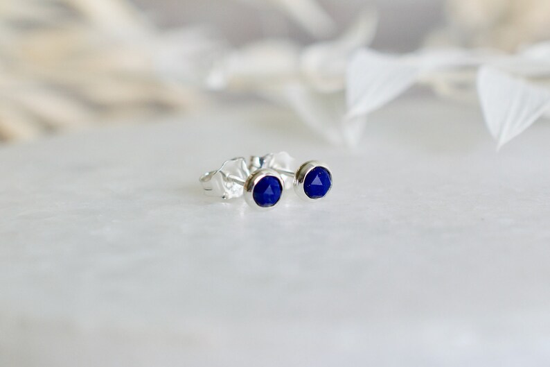 Lapis Lazuli Stud Earrings in Silver, 4mm Faceted Rose Cut Blue Gemstone Earrings, Birthday Gift Her image 3