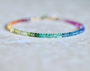 Colourful Rainbow Gemstone Bracelet, Multi Stone Dainty Stacking Bracelet, Sapphire Emerald Aquamarine Tanzanite Ombre Gemstone, Wife Gift