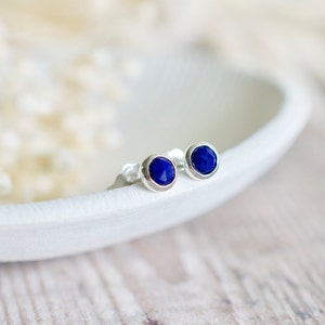 Lapis Lazuli Stud Earrings in Silver, 4mm Faceted Rose Cut Blue Gemstone Earrings, Birthday Gift Her image 6