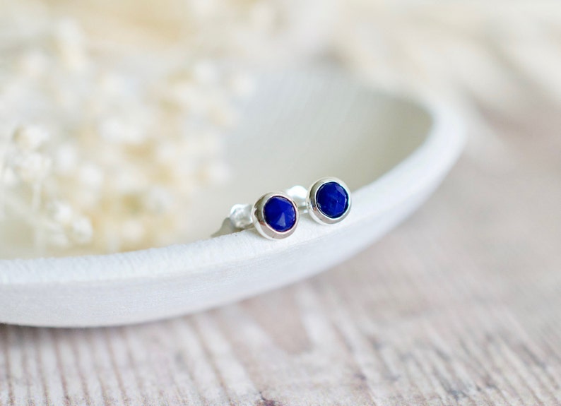 Lapis Lazuli Stud Earrings in Silver, 4mm Faceted Rose Cut Blue Gemstone Earrings, Birthday Gift Her image 6