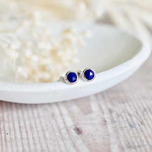 Lapis Lazuli Stud Earrings in Silver, 4mm Faceted Rose Cut Blue Gemstone Earrings, Birthday Gift Her image 2