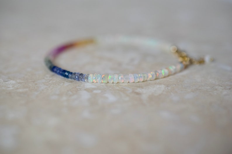 Opal & Sapphire Beaded Bracelet, Colourful Multi Gemstone Stacking Bracelet, Rainbow Precious Stone Jewellery, Birthstone Bracelet Gift image 7
