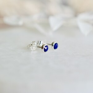 Lapis Lazuli Stud Earrings in Silver, 4mm Faceted Rose Cut Blue Gemstone Earrings, Birthday Gift Her image 5