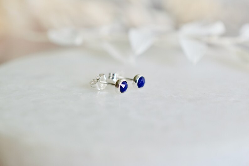 Lapis Lazuli Stud Earrings in Silver, 4mm Faceted Rose Cut Blue Gemstone Earrings, Birthday Gift Her image 5