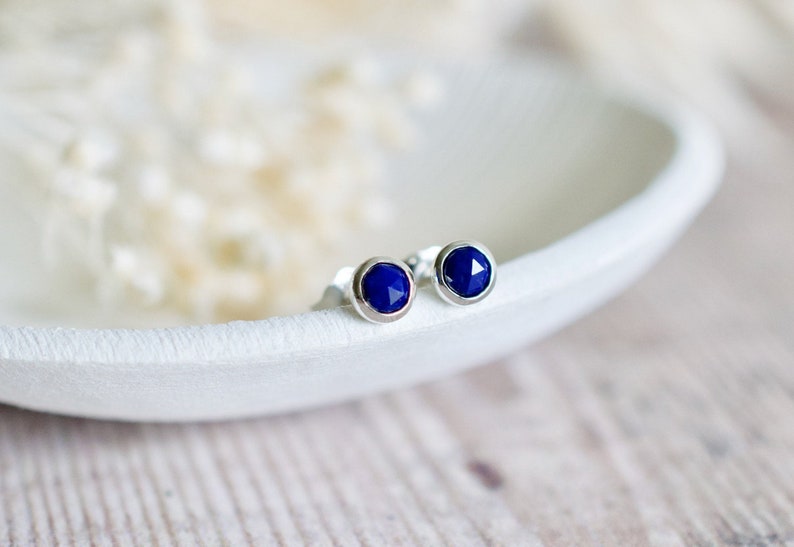 Lapis Lazuli Stud Earrings in Silver, 4mm Faceted Rose Cut Blue Gemstone Earrings, Birthday Gift Her image 1